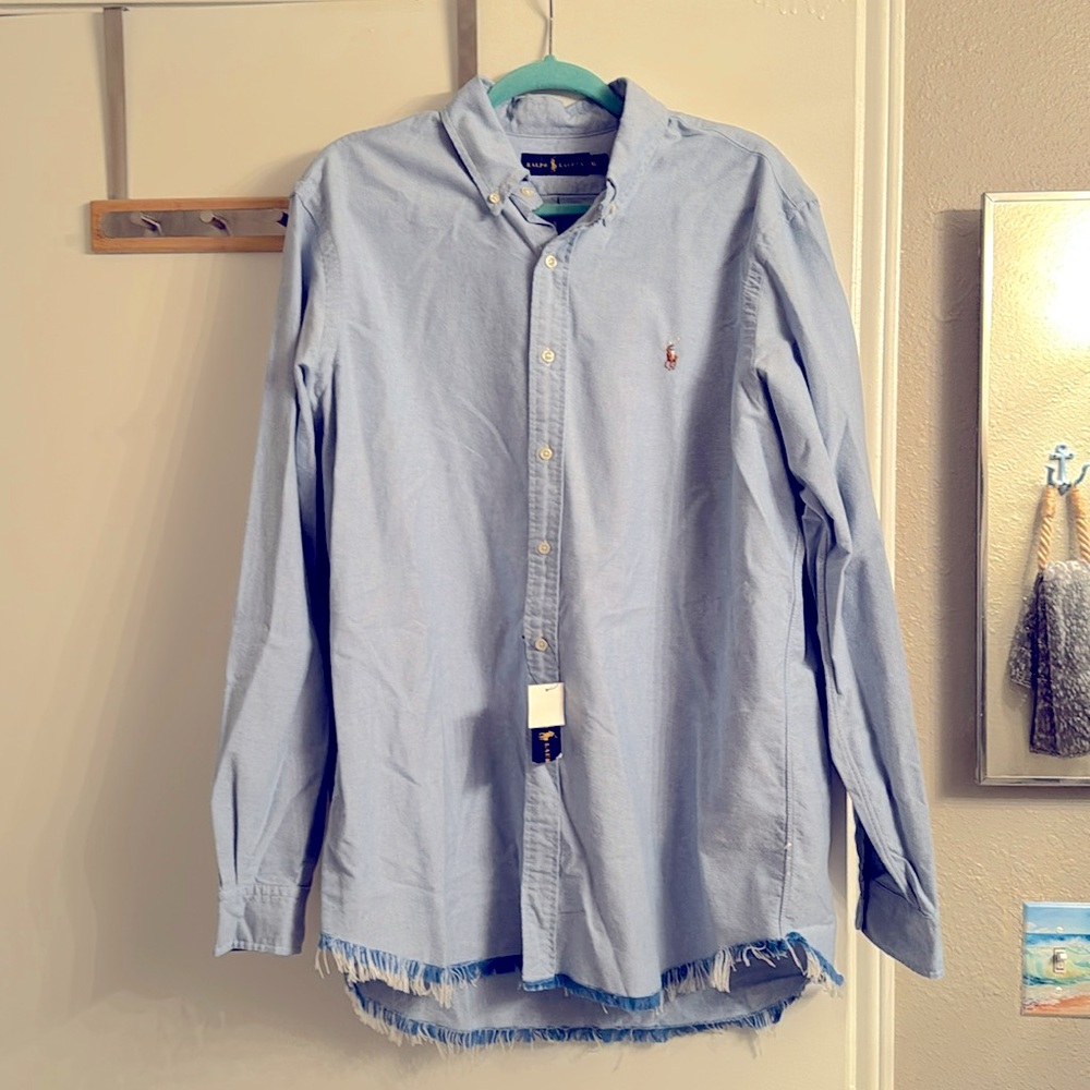 Men’s Ralph Loren, blue shirt with frayed bottom